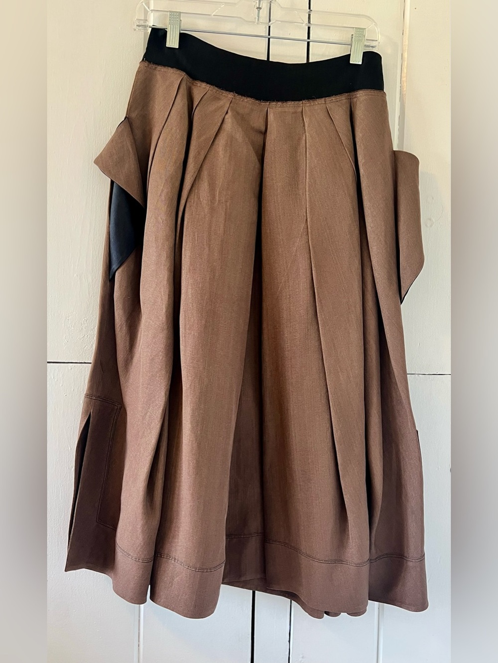 Vintage Donna Karan Archival Paper and Silk Pleated Midi Skirt Brown Size Small
